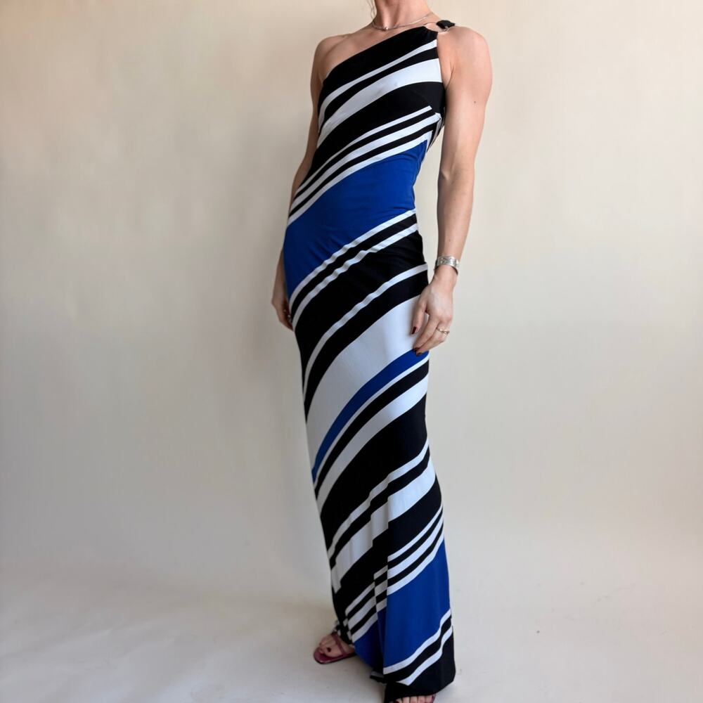 Cache One-Shoulder Striped Maxi Dress - Blue, Black, White, Size XS